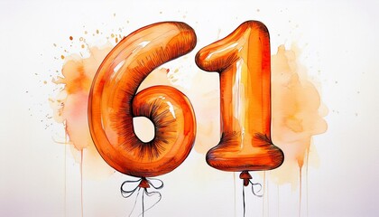 Orange birthday / anniversary balloon, number 61, watercolor painting with white background