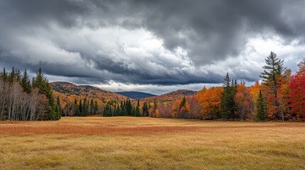 Fototapeta premium Dramatic Autumn Landscape with Colorful Foliage and Stormy Clouds Over Rolling Hills in a Scenic Nature Setting