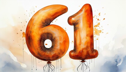 Orange birthday / anniversary balloon, number 61, watercolor painting with white background
