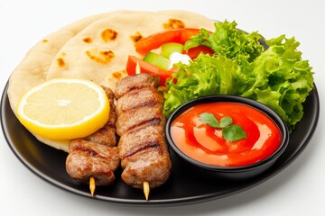 Grilled Skewers with Flatbread and Salad - Delicious grilled meat skewers served with warm flatbread, fresh salad, and a vibrant red sauce.  Symbolizing: flavor, freshness, satisfaction,  summer, and 