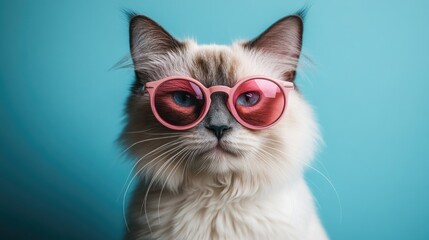Fluffy cat with pink sunglasses against blue background. The 14th of February. Happy Valentine's Day