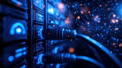Futuristic Computer Server with Illuminating Blue Lights Conveying Advanced Technology and Digital Connectivity in Action