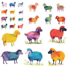 Large selection of colourful sheep isolated on a transparent background, for digital collage