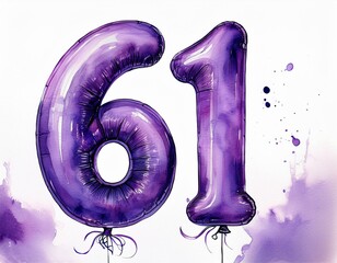 Purple birthday / anniversary balloon, number 61, watercolor painting with white background