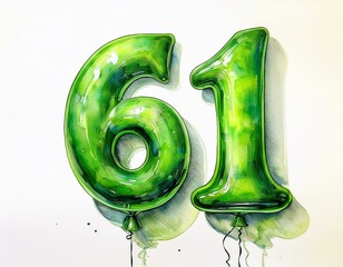 Green birthday / anniversary balloon, number 61, watercolor painting with white background