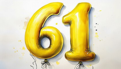 Yellow birthday / anniversary balloon, number 61, watercolor painting with white background
