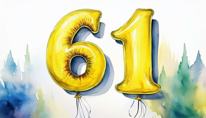 Yellow birthday / anniversary balloon, number 61, watercolor painting with white background