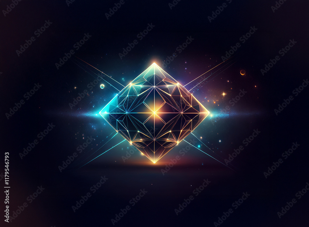 Poster a luminous, geometric diamond-shaped structure glows with vibrant teal and orange energy against a d