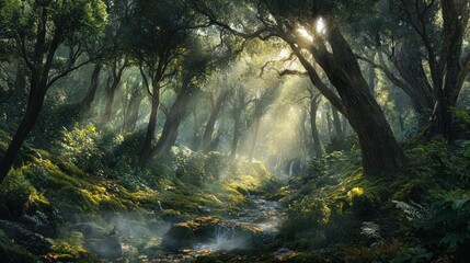Naklejka premium Sunlit forest stream, misty path, lush vegetation, magical background, nature scene