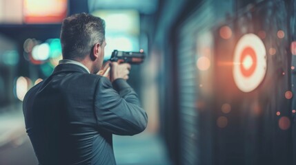 CEO in Sleek Business Suit Aiming Toy Pistol at Target. Symbolizing Strategic Leadership