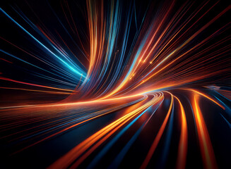 Abstract artwork depicting swirling, vibrant light trails in orange, blue, and cyan, suggesting motion and speed.  The dark background emphasizes the luminosity of the streaks.