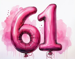 Pink birthday / anniversary balloon, number 61, watercolor painting with white background