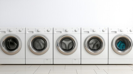 Laundry shop concept. Modern self service laundry shop with multiple washing machines in row