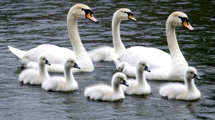 Obraz premium Swans gracefully navigate a tranquil lake, accompanied by adorable downy chicks, showcasing a peaceful moment in nature