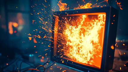 A television screen bursts with flames and sparks, creating a dramatic visual effect.