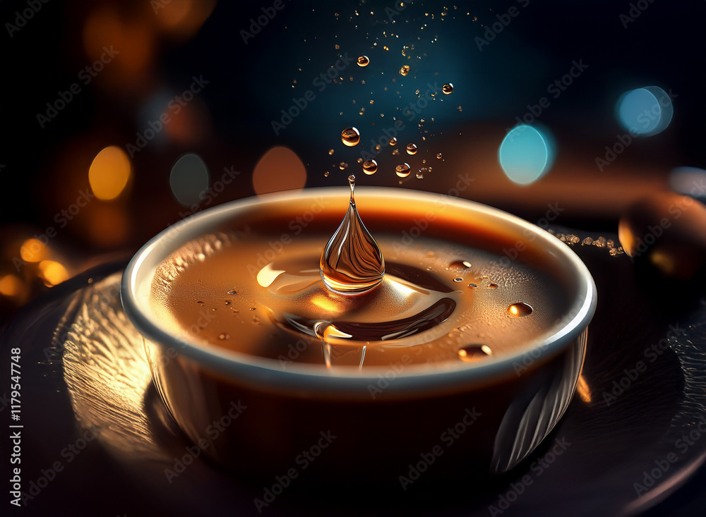 Poster A single drop of liquid falls into a shallow bowl, creating a perfect ripple effect. The liquid is dark amber, reflecting light beautifully against a dark background with bokeh.