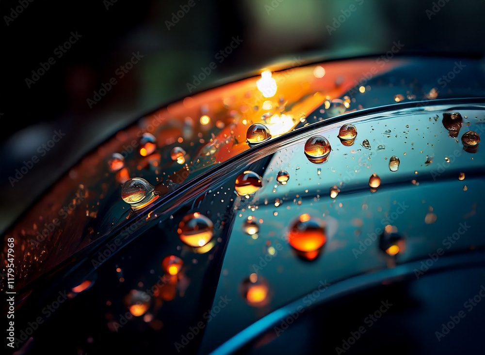 Poster close-up of water droplets on a dark, reflective surface. the droplets refract warm light, creating 