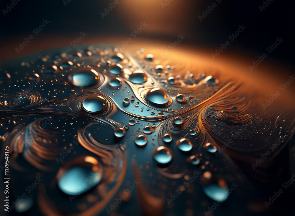 Aufkleber close-up view of water droplets on a dark, swirling surface. the droplets reflect light, creating a 