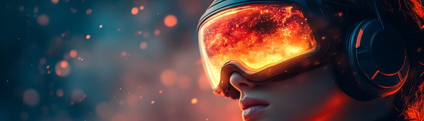 Futuristic Woman Gazing Through Firey Goggles