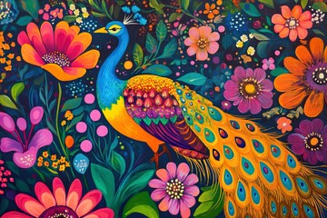 Obraz premium A bright peacock bird walks among colorful flowers of different varieties in a city with generative ai