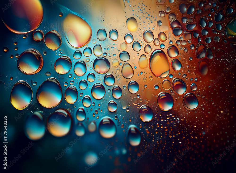 Poster vibrant, iridescent oil droplets on a dark, translucent surface create an abstract, colorful, and me