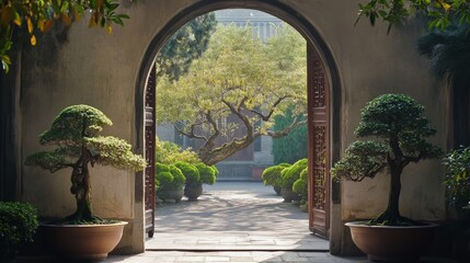Obraz premium Chinese-Style Garden with Bonsai Trees and Arched Gate. Ancient Camphor Tree Inside