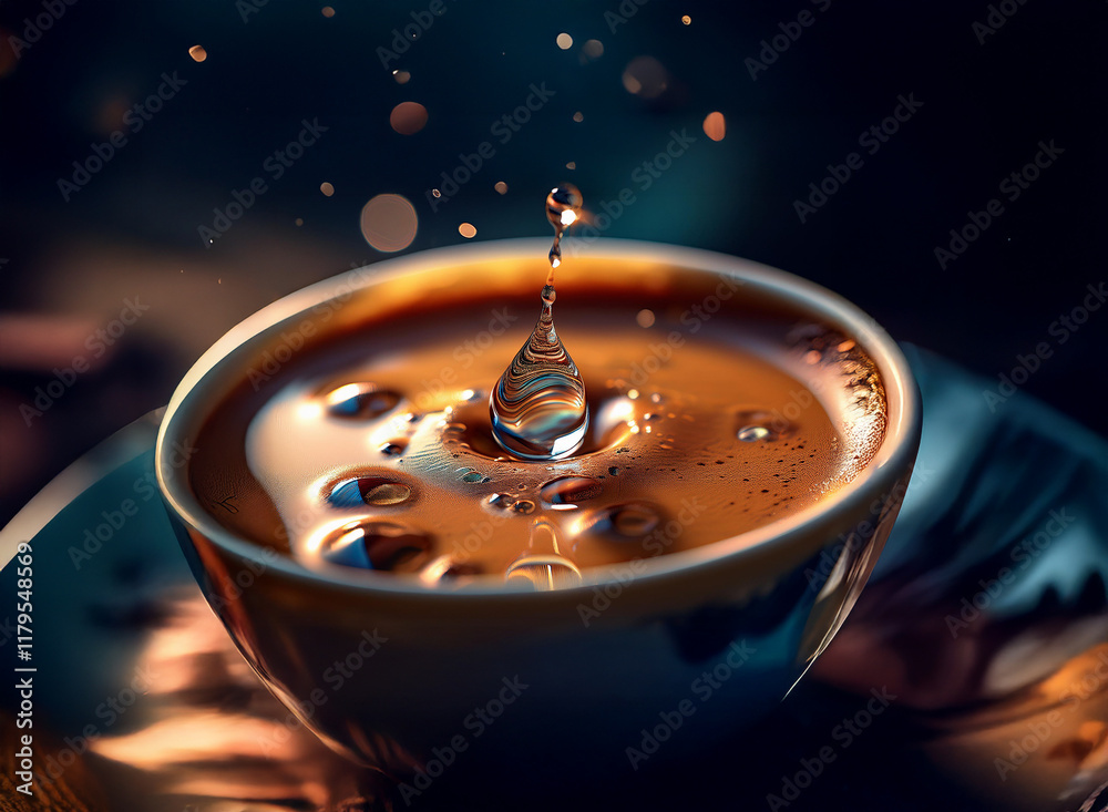 Poster close-up of a water droplet splashing into a cup of dark coffee, creating a crown of bubbles. the sc