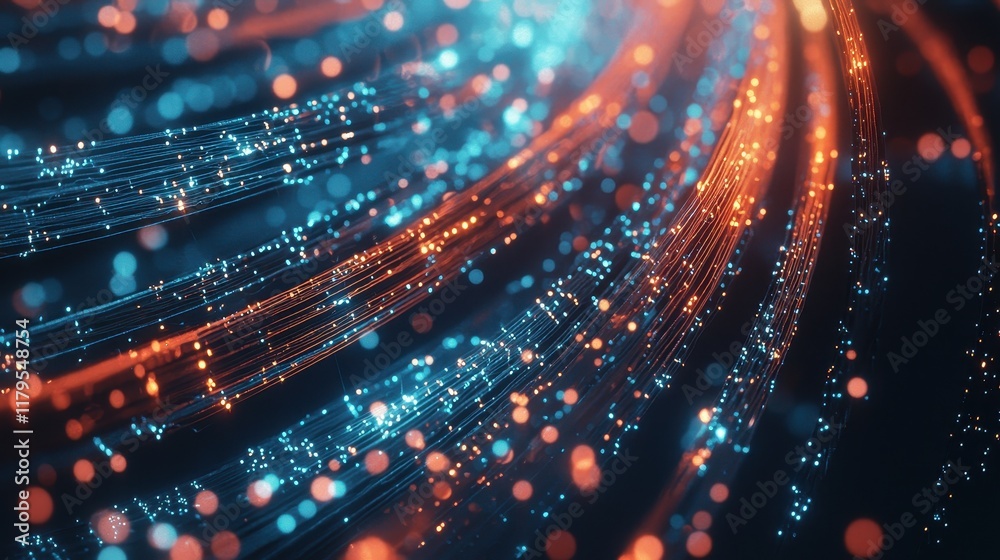 Poster dynamic flow of colorful light particles in motion against a dark background for abstract visuals