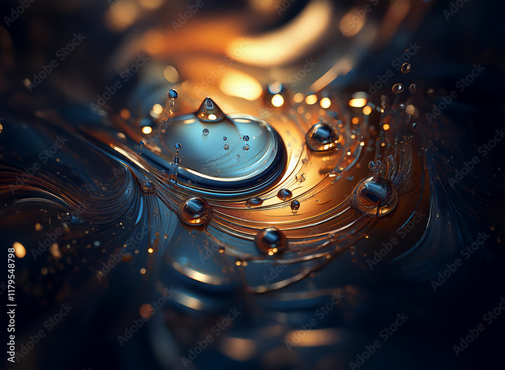 Poster abstract image of swirling, metallic liquid with golden highlights and translucent droplets. the int