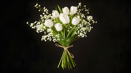 Obraz premium minimalist bouquet of white tulips and delicate baby breath, beautifully tied