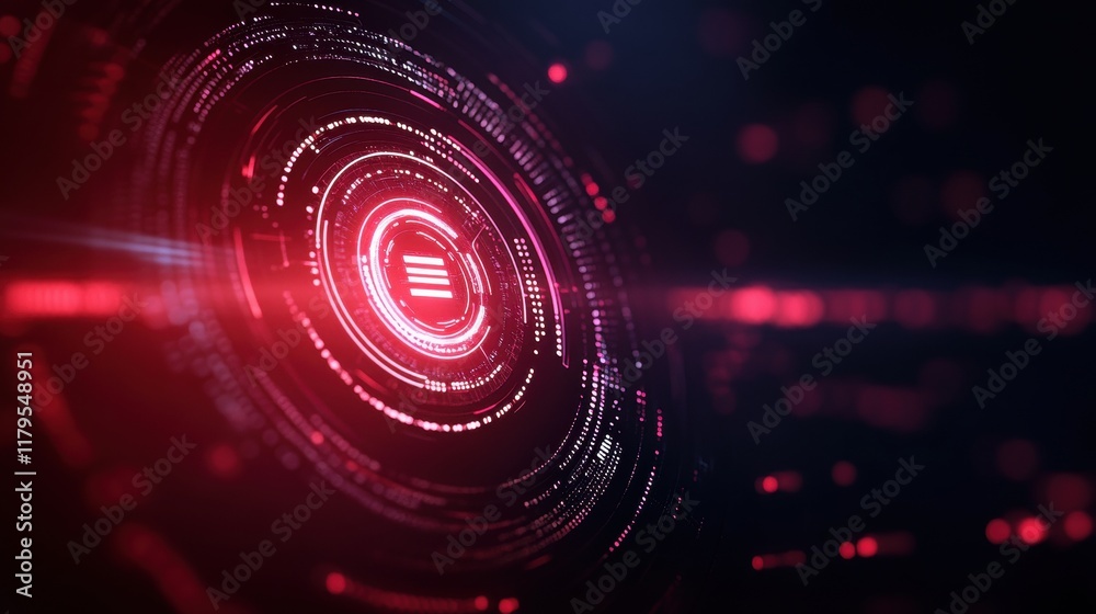Poster striking red and black circular design with illuminating light emitting from the center creating a b