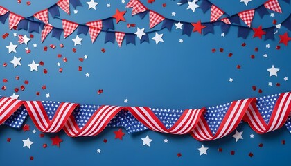 Obraz premium Presidents Day banner adorned with grosgrain ribbon, featuring American flags and confetti stars set against a blue background, symbolizing themes of USA Independence Day, American Labor Day