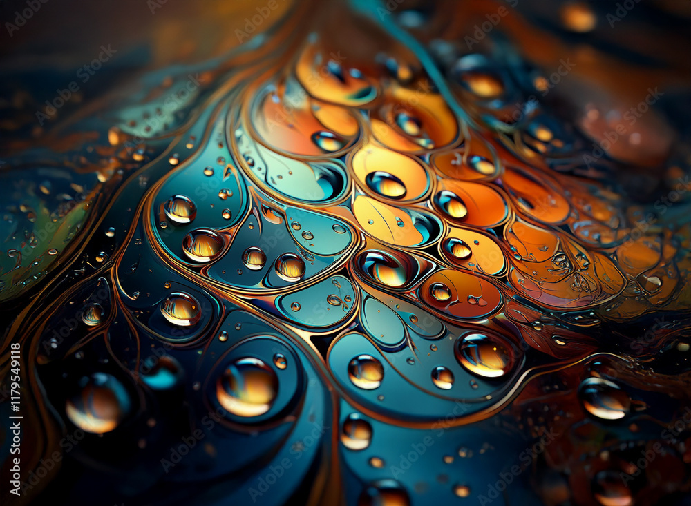 Fototapete intricate patterns of oil and water create a mesmerizing abstract image. vibrant colors and glisteni