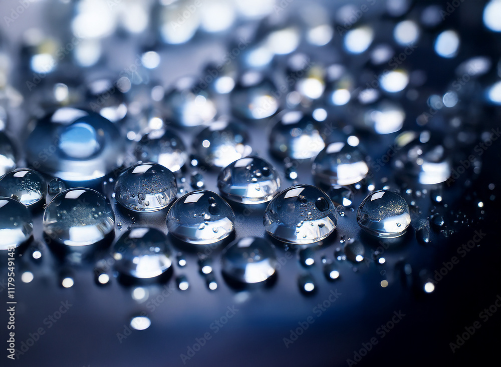 Fototapete close-up of glistening water droplets on a dark surface, reflecting light. the image showcases varyi