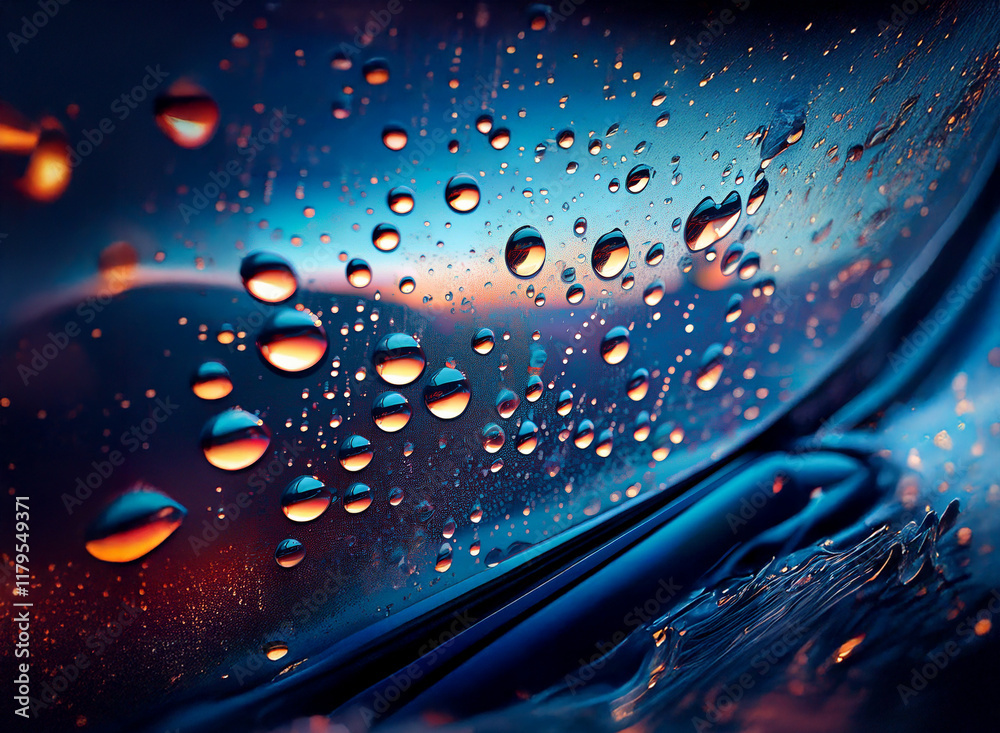 Aufkleber close-up of water droplets on a dark, glossy surface. vibrant sunset colors are reflected in the bea