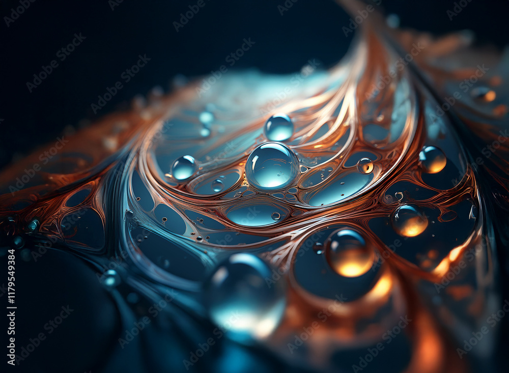 Aufkleber abstract image of swirling, metallic-like liquid with translucent spheres. the colors are deep teal,