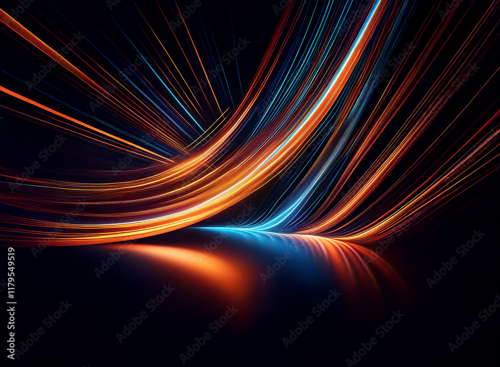 Poster dynamic, glowing streaks of orange and blue light curve and converge on a dark background, creating 