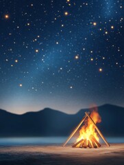 Night Campfire Under Starry Sky - Tranquil scene, campfire warmth, starry night, serene landscape, peaceful ambiance.