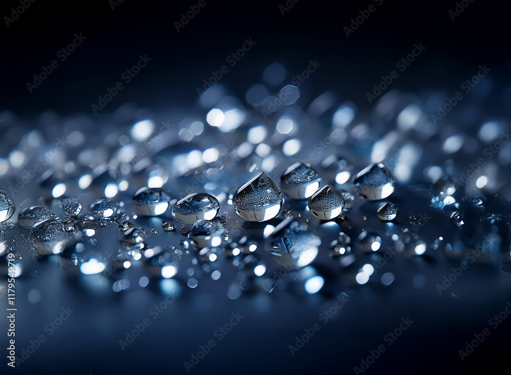 Aufkleber Close-up view of numerous glistening water droplets on a dark surface, illuminated with a dramatic, moody light.  The droplets vary in size and shape, creating a textured, reflective pattern.