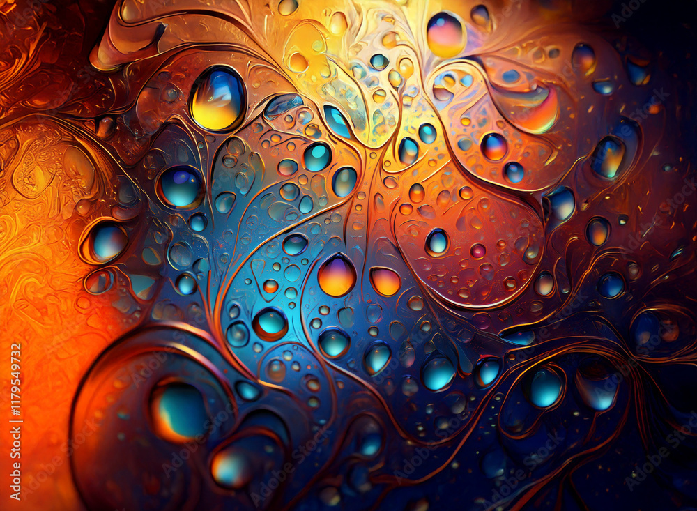 Poster Intricate abstract artwork featuring vibrant swirls of orange, blue, and dark hues.  Numerous iridescent droplets are scattered throughout the fluid design, creating a mesmerizing, almost otherworldly