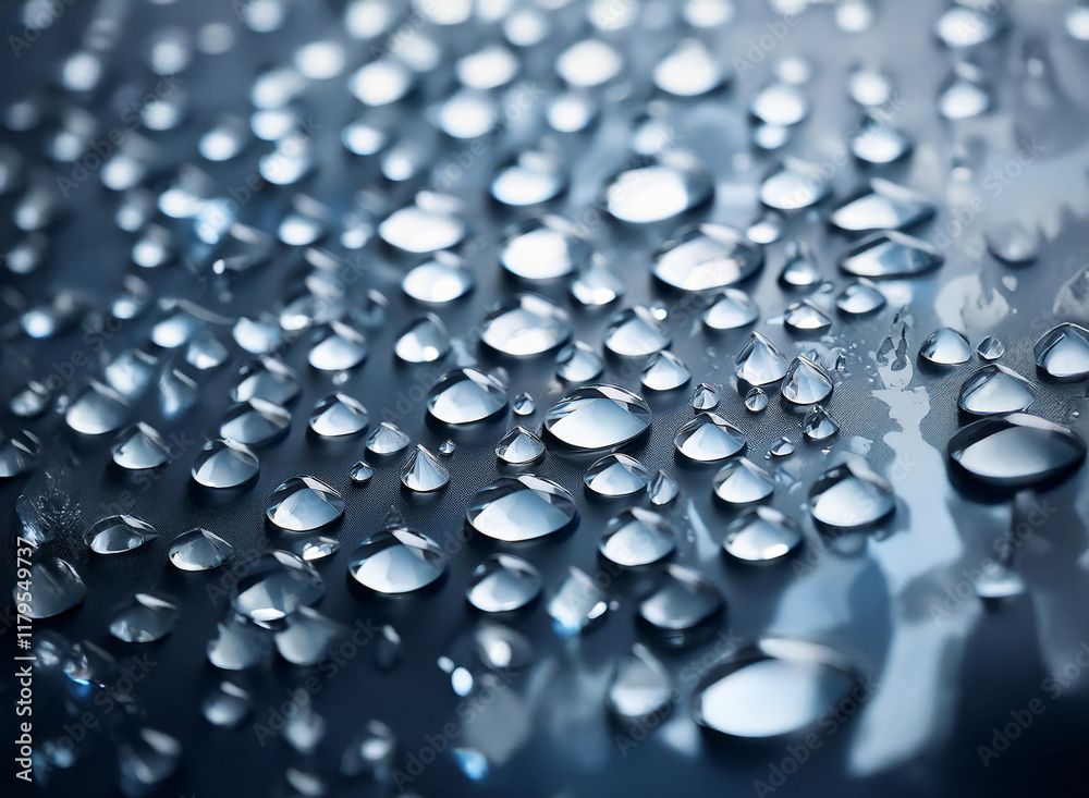Poster Macro close-up of numerous water droplets on a dark, smooth surface.  The droplets vary in size and exhibit high reflectivity, creating a glistening effect.