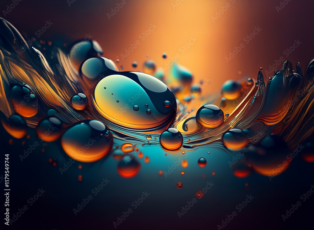 Fototapete Abstract image of swirling liquid with vibrant, iridescent bubbles.  Colors range from deep teal and blue to warm oranges and reds.  The scene is dynamic and evokes a sense of fluidity and energy.