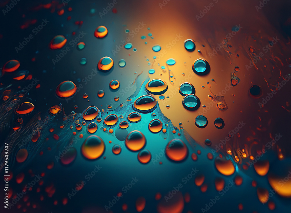 Aufkleber Abstract image of vibrant, multicolored water droplets on a glass surface.  The colors blend creating a dynamic, surreal effect.