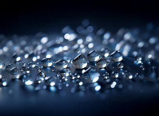 Close-up view of numerous glistening water droplets on a dark surface, illuminated with a dramatic, moody light.  The droplets vary in size and shape, creating a textured, reflective pattern.