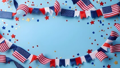 Obraz premium Presidents Day banner adorned with grosgrain ribbon, featuring American flags and confetti stars set against a blue background, symbolizing themes of USA Independence Day, American Labor Day