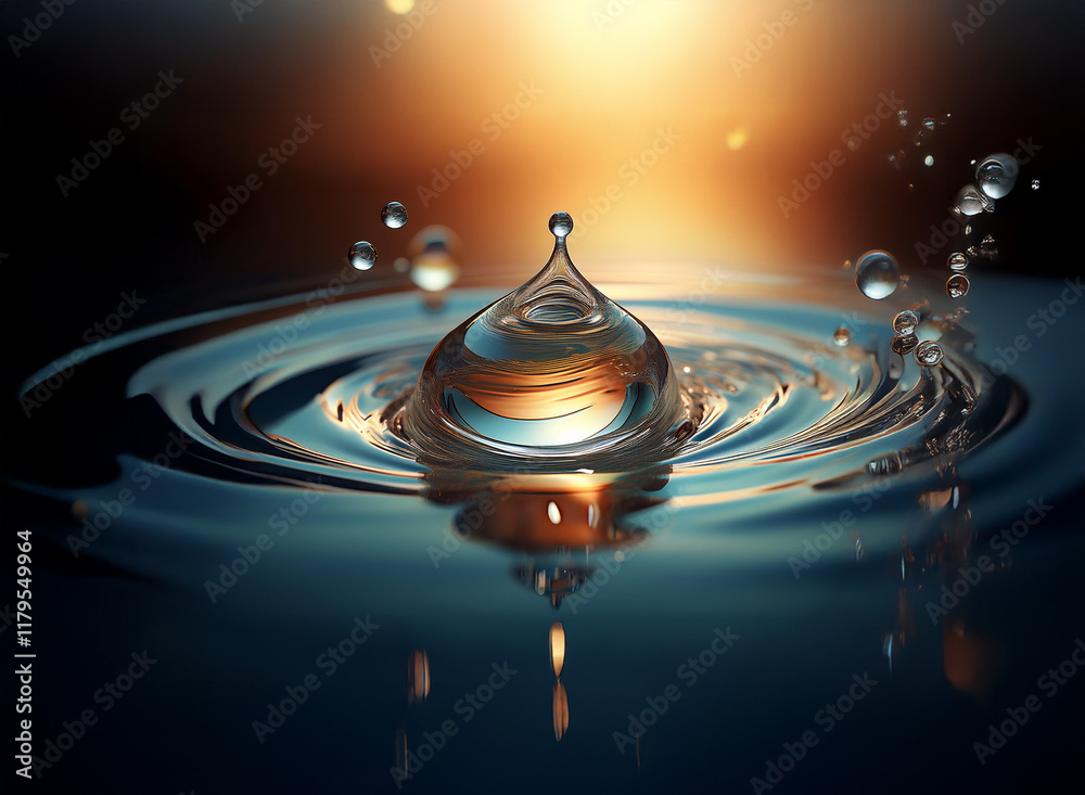 Aufkleber a single water droplet falls, creating concentric ripples on a dark, reflective surface. warm sunset