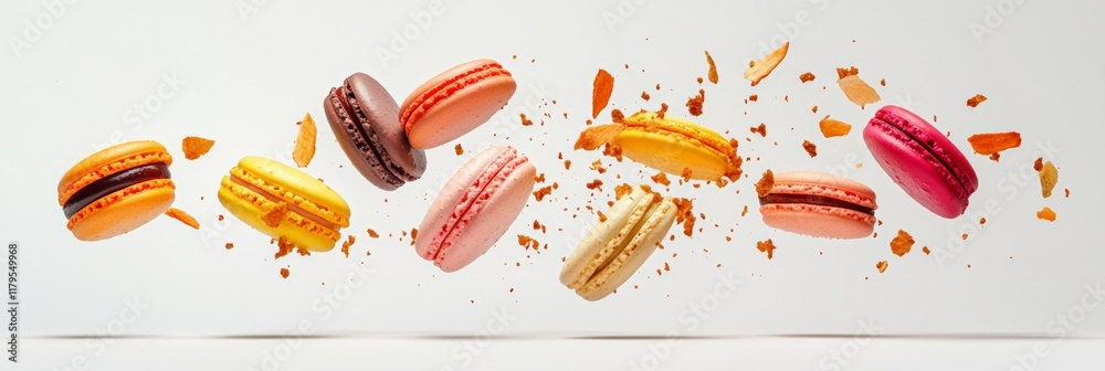 Poster colorful macarons of different flavors are levitating and crumbling against a white background, crea