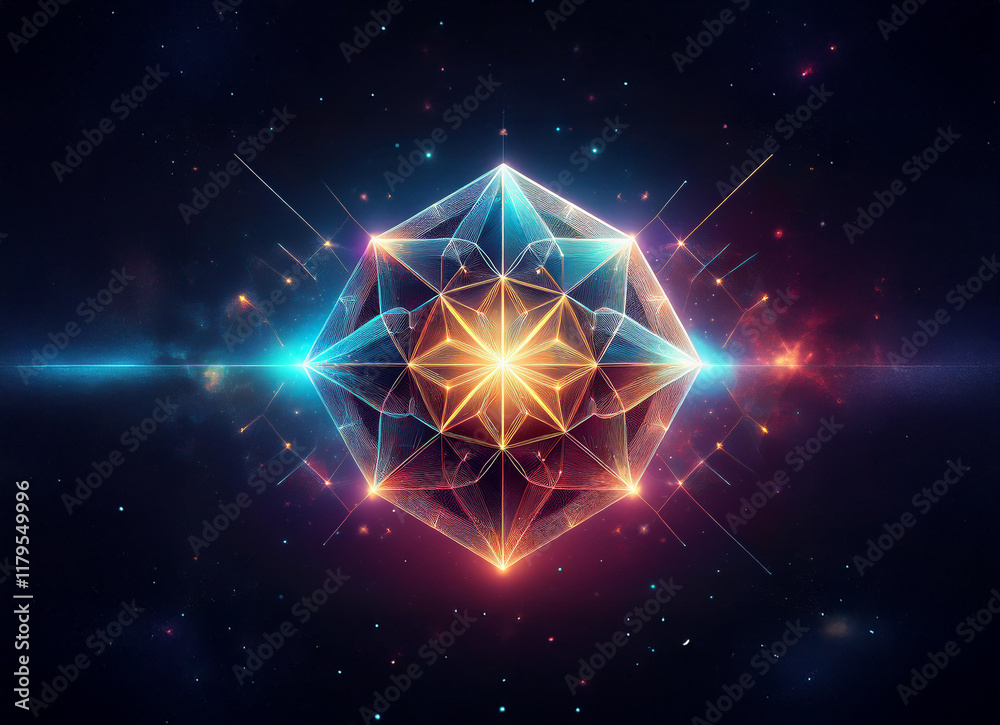 Poster a luminous geometric orb, radiant with vibrant hues, floats in a dark, starry expanse. intricate lin