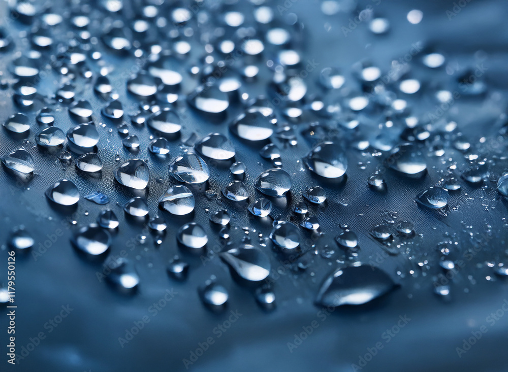 Poster close-up of numerous water droplets on a dark blue, smooth surface. the droplets vary in size and ex