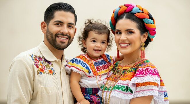 Hispanic family traditional attire celebration with embroidered clothing and colorful accessories